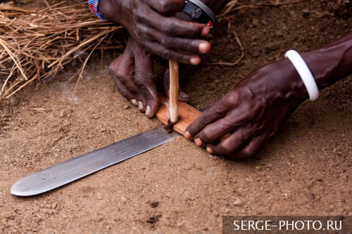 Making fire

Since the Maasai don't have matches or lighters, they make fire the old fashion way, by rubbing two sticks together. It takes a lot of rubbing. But since they do it their whole lives, their hands get used to it. When there's smoke between the to sticks, they put it into a piece of cow dung and blow. Within seconds, there's FIRE!